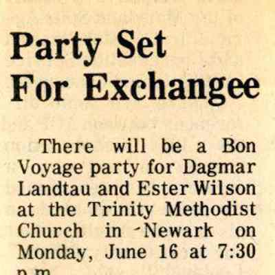 Newspaper clipping, “Party Set for Exchangee” (Dagmar Landtau and Esther Wilson), 1975