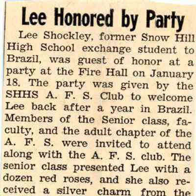 Newspaper clipping, “Lee Honored by Party” 1969