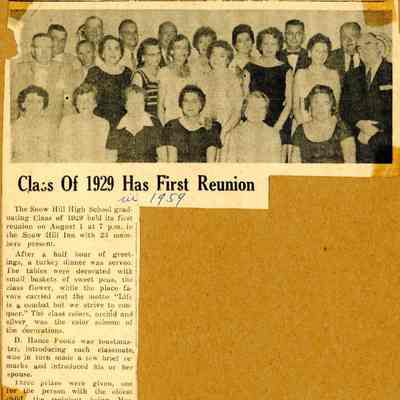 Newspaper clipping, “Class of 1929 Has First Reunion,” Snow Hill High School, 1959