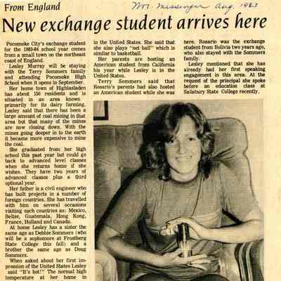 Newspaper clipping, “New exchange student arrives here,” Aug. 1983