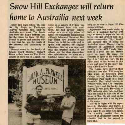 Newspaper clipping, “Snow Hill Exchangee will return home to Australia next week,” June 26, 1985