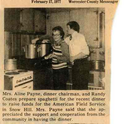 Newspaper clipping, AFS Spaghetti Dinner, Aline Payne and Randy Coates, Feb. 17, 1977