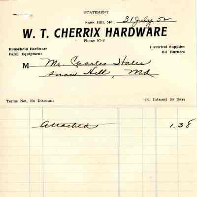 Statement, receipt, and envelope, W. T. Cherrix Hardware, July & Aug. 1952