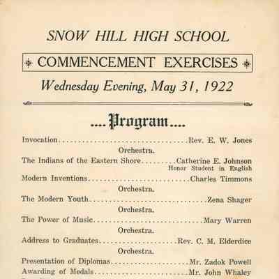 Commencement Program, Snow Hill High School, 1922