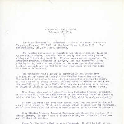 Minutes, Worcester County Homemakers Clubs, 1949-1952
