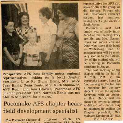 Newspaper clipping, “Pocomoke AFS chapter hears field development specialist,” June 29, 1978