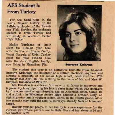 Newspaper clipping, “AFS Student is From Turkey” (Sureyya Erdarcan), Nov. 7, 1974