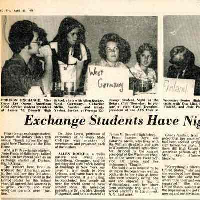 Newspaper clipping, “Exchange Students Have Night in Salisbury,” Apr 1976