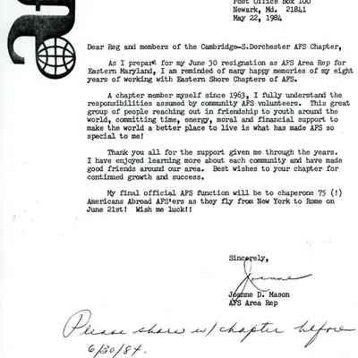 Newsletter, Joanne Mason resignation, Jun 1984