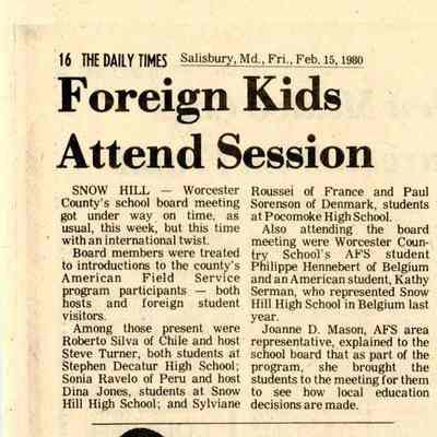 Newspaper clipping, “Foreign Kids Attend Session,” Feb. 15, 1980