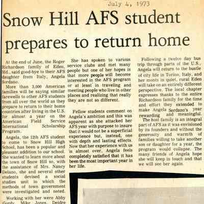 Newspaper clipping, “Snow Hill AFS student prepares to return home” (Angela Sordano), July 4, 1973