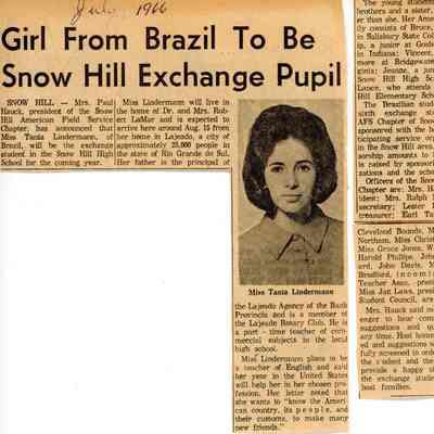 Newspaper clipping, “Girl From Brazil to be Snow Hill Exchange Pupil” (Tania “Nika” Lindermann), July 1966