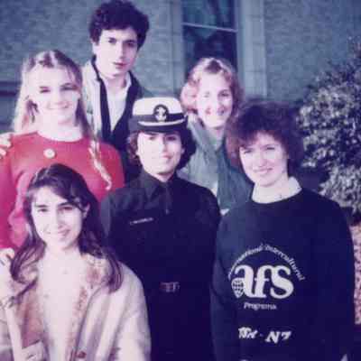 Photograph of Nelson Hincatie, Leslie Murray, Susan Gibb, Carmen Graciela Melgarejo, Rita Barchetti, and Janette, Jan 1984