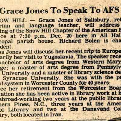 Newspaper clipping, “Grace Jones to Speak to AFS,” Dec. 1982