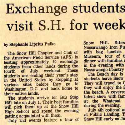 Newspaper clipping, “Exchange students to visit S.H. for weekend”