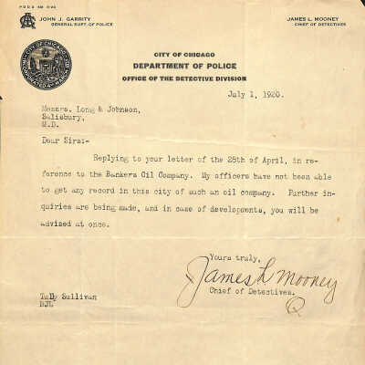 Bank Correspondence, City of Chicago Dept. of Police, July 1, 1920