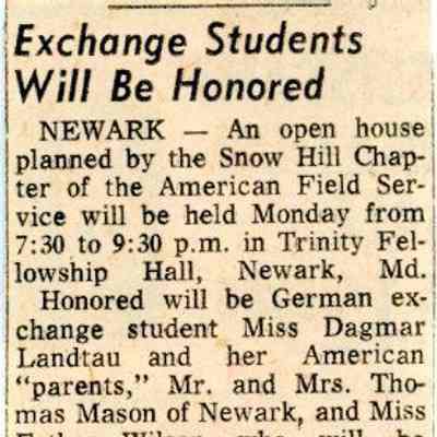 Newspaper clipping, “Exchange Students Will Be Honored” (Dagmar Landtau and Esther Wilson)