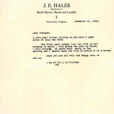 Correspondence, Jim E. Hales and Charles A. Hales with envelope, Nov. 1949