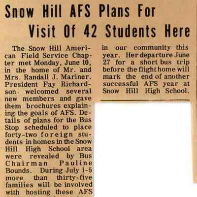 Newspaper clipping, “Snow Hill AFS Plans for Visit of 42 Students Here,” June 20, 1974