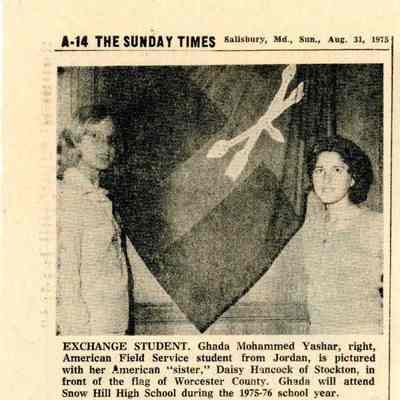 Newspaper clipping, “Young Woman From Jordan Visits Shore” (Ghada Yashar), Aug. 31, 1975