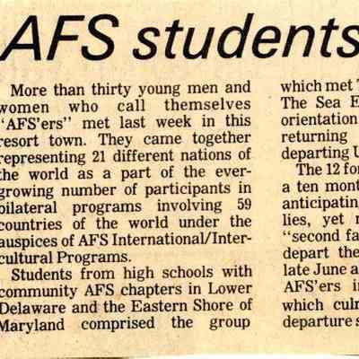 Newspaper clipping, “AFS students visit Ocean City,” June 22, 1983