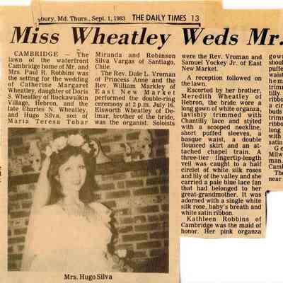 Newspaper clipping, “Miss Wheatley Weds Mr. Silva,” Sept. 1, 1983