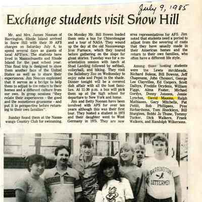 Newspaper clipping, “Exchange students visit Snow Hill,” Jul 1985