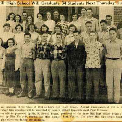 Newspaper clipping, “Snow Hill High School Will Graduate 34 Students Next Thursday June 5,” May 29, 1952