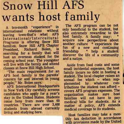 Newspaper clipping, “Snow Hill AFS wants host family”
