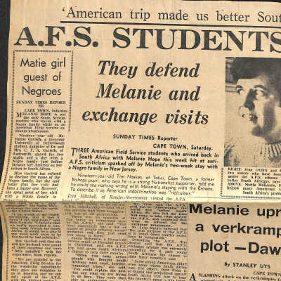 Newspaper clipping, “AFS Students Hit at Critics” Aug. 4, 1968