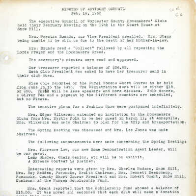 Minutes, Worcester County Homemakers Clubs, 1953-1955