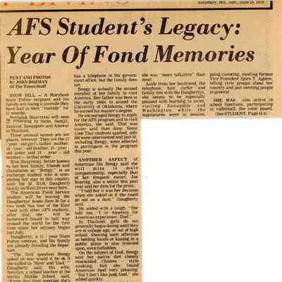Newspaper clipping, “AFS Student’s Legacy: Year of Fond Memories” (Benjalak Huayrerai), June 25, 1978