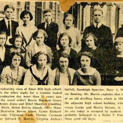 Newspaper Clipping, 1923 Class Reunion, Snow Hill High School, 1958