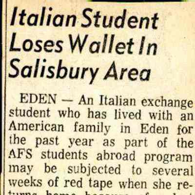 Newspaper clipping, “Italian Student Loses Wallet in Salisbury Area” (Angela Sordano), 1973