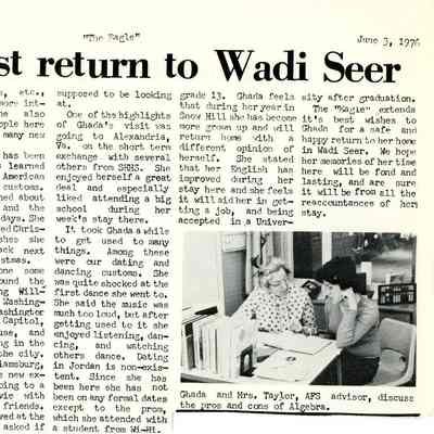 Newsletter clipping, The Eagle, “Ghada must return to Wadi Seer,” June 3, 1976