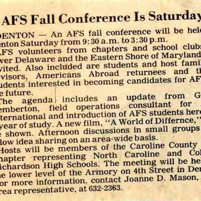 Newspaper clipping, “AFS Fall Conference is Saturday,” Oct. 1, 1982