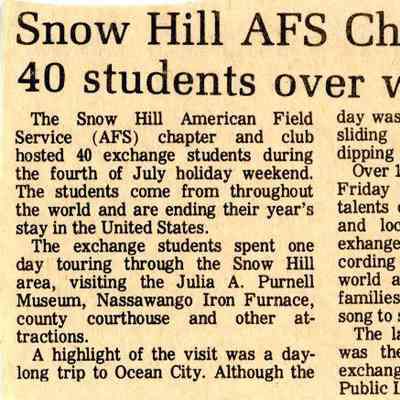 Newspaper clipping, “Snow Hill AFS Chapter hosts 40 students over weekend”