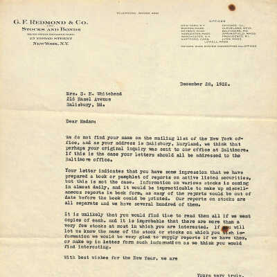 Bank Correspondence, G. F. Redmond & Co. Inc., Dec. 28, 1922