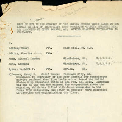 List of men (and 1 woman) in the service of the United States whose names do not appear on list of inductions from Worcester County, World War I