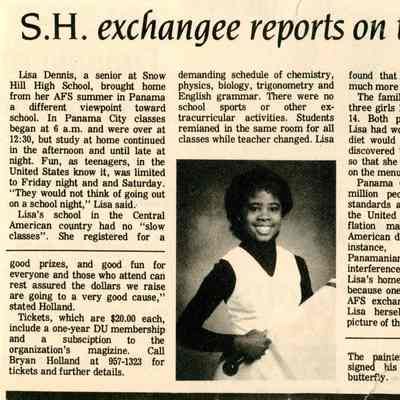 Newspaper clipping, “S.H. exchangee reports on trip,” 1985