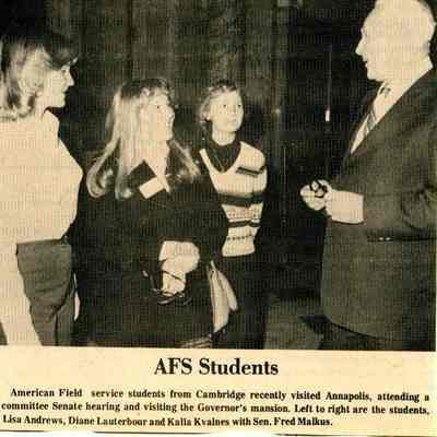 Newspaper clipping, “AFS Students,” Mar. 1978