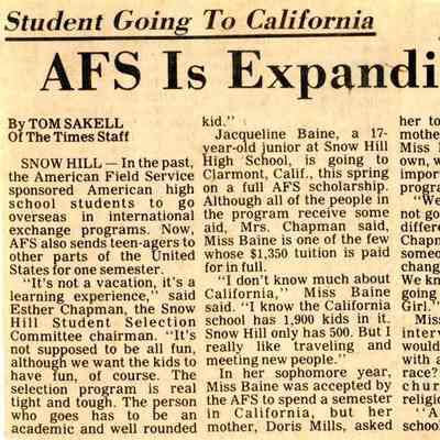 Newspaper clipping, “Student Going to California, AFS is Expanding Program,” Jan. 24, 1983