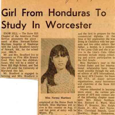 Newspaper clipping, “Girl From Honduras to Study in Worcester” (Norma Martinez), July 5, 1969