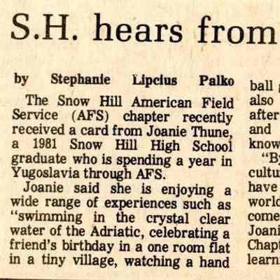 Newspaper clipping, “S.H. hears from exchangee” (Joanie Thune), 1981