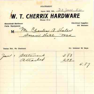 Statement, receipt, and envelope, W. T. Cherrix Hardware, Jan. & Feb. 1952