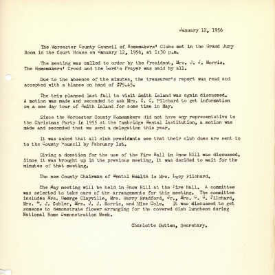 Minutes, Worcester County Homemakers Clubs, 1956-1959