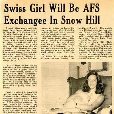 Newspaper clipping, “Swiss Girl Will be AFS Exchangee in Snow Hill” (Christa Mader), Sept. 1973