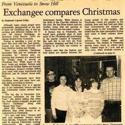 Newspaper clipping, “Exchangee compares Christmas,” 1980-1981