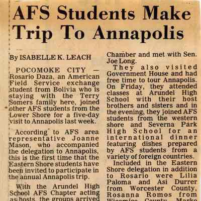 Newspaper clipping, “AFS Students Make Trip to Annapolis,” Mar. 24, 1982