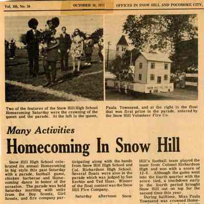 Newspaper clipping, “Homecoming in Snow Hill,” Oct. 18, 1973 (2 pieces)